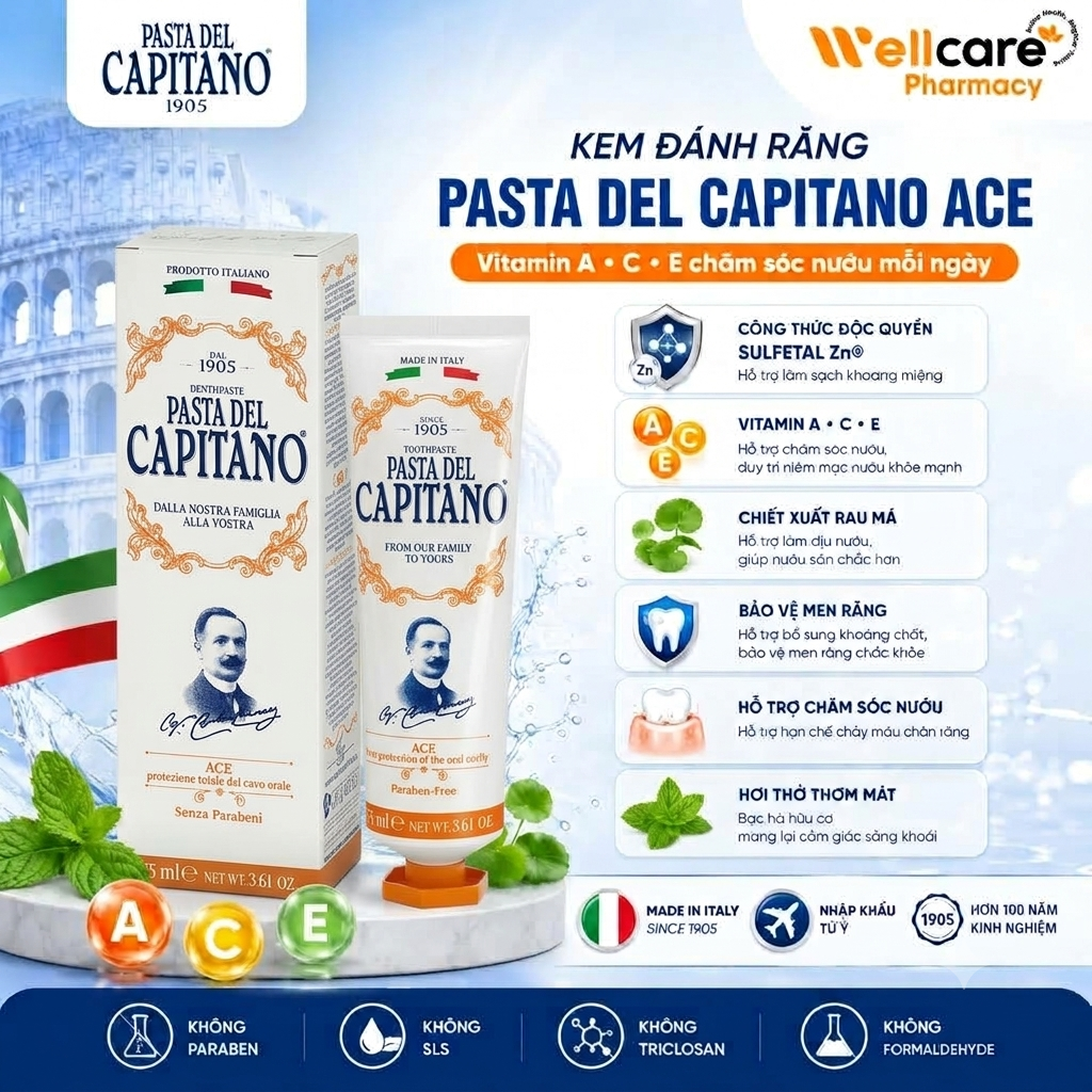 Kem đánh răng Pasta del Capitano 1905 Vitamin ACE 75ml - Giảm chảy máu chân răng - Ảnh 2